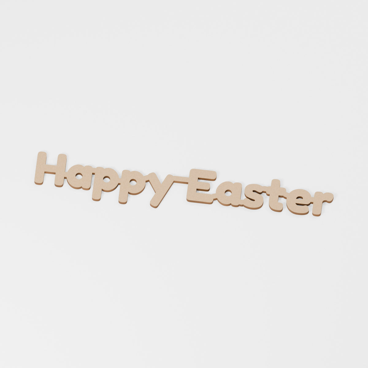 Happy Easter Wooden Word — original 888 Cutout design in unfinished MDF; studio product visualisation