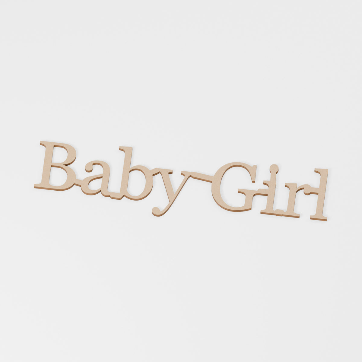 Baby Girl Wooden Word — original 888 Cutout design in unfinished MDF; studio product visualisation