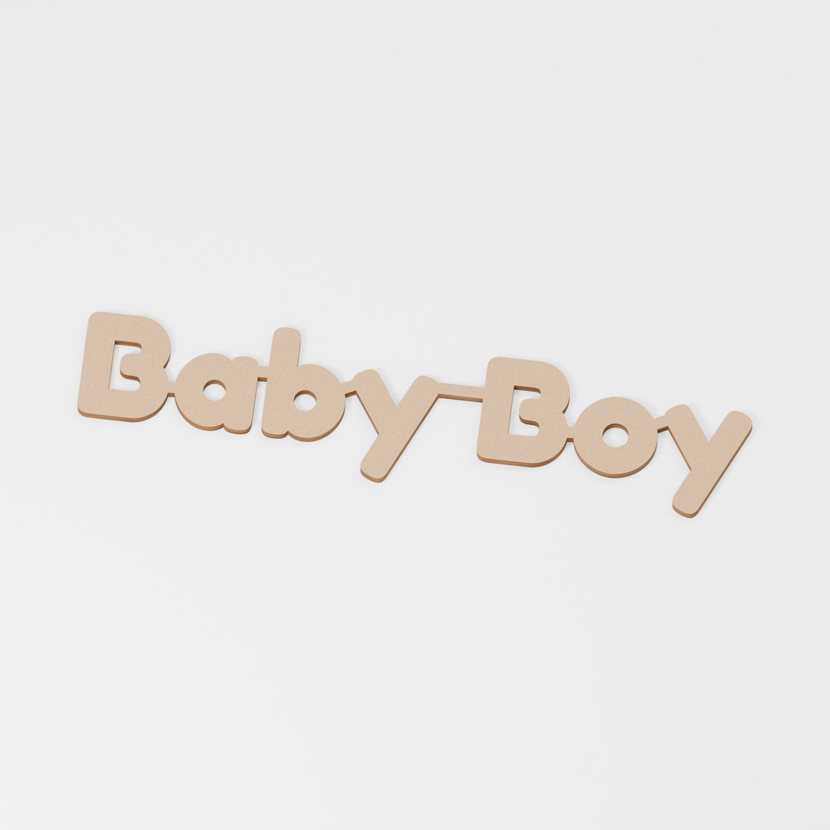 Baby Boy Wooden Word — original 888 Cutout design in unfinished MDF; studio product visualisation