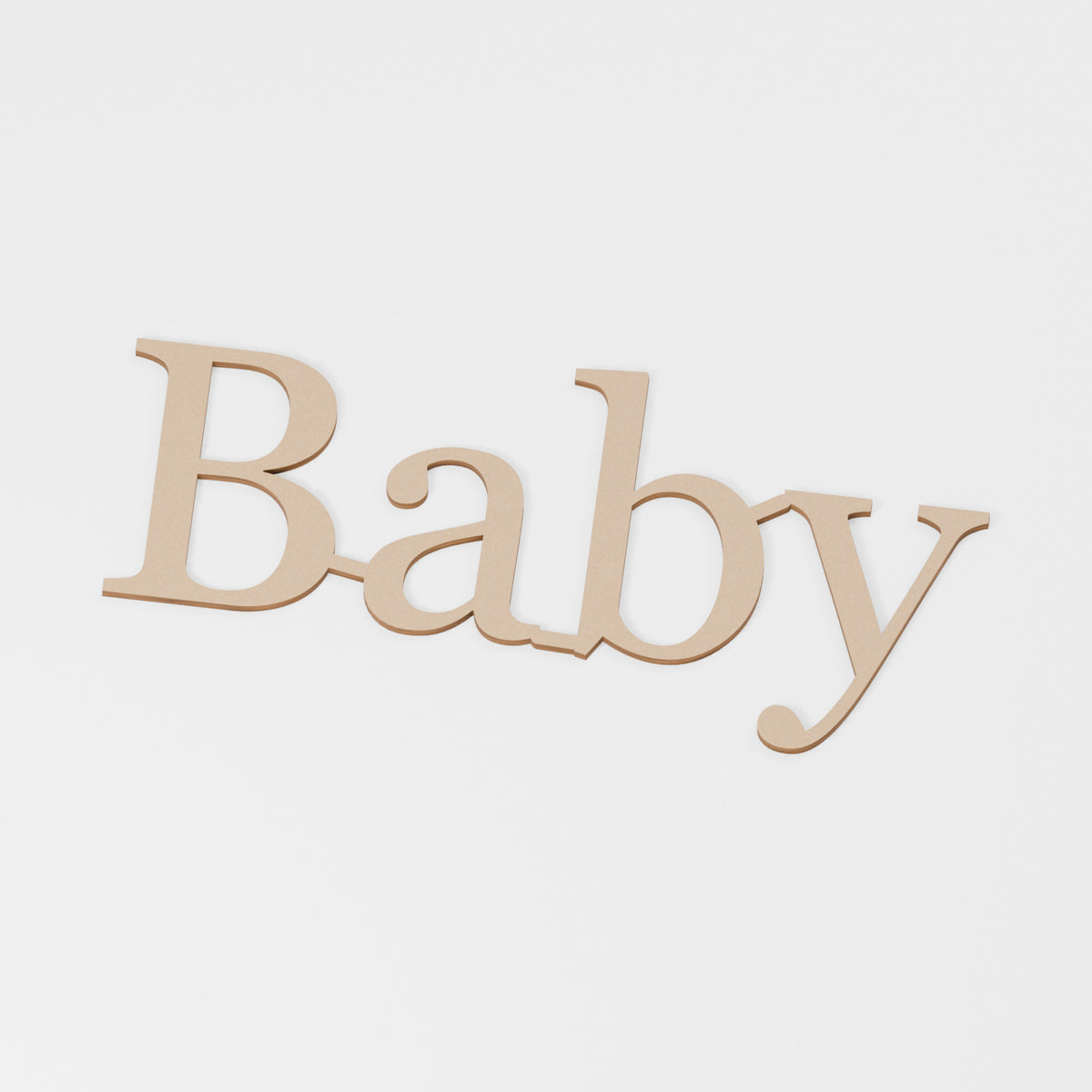 Baby Wooden Word — original 888 Cutout design in unfinished MDF; studio product visualisation