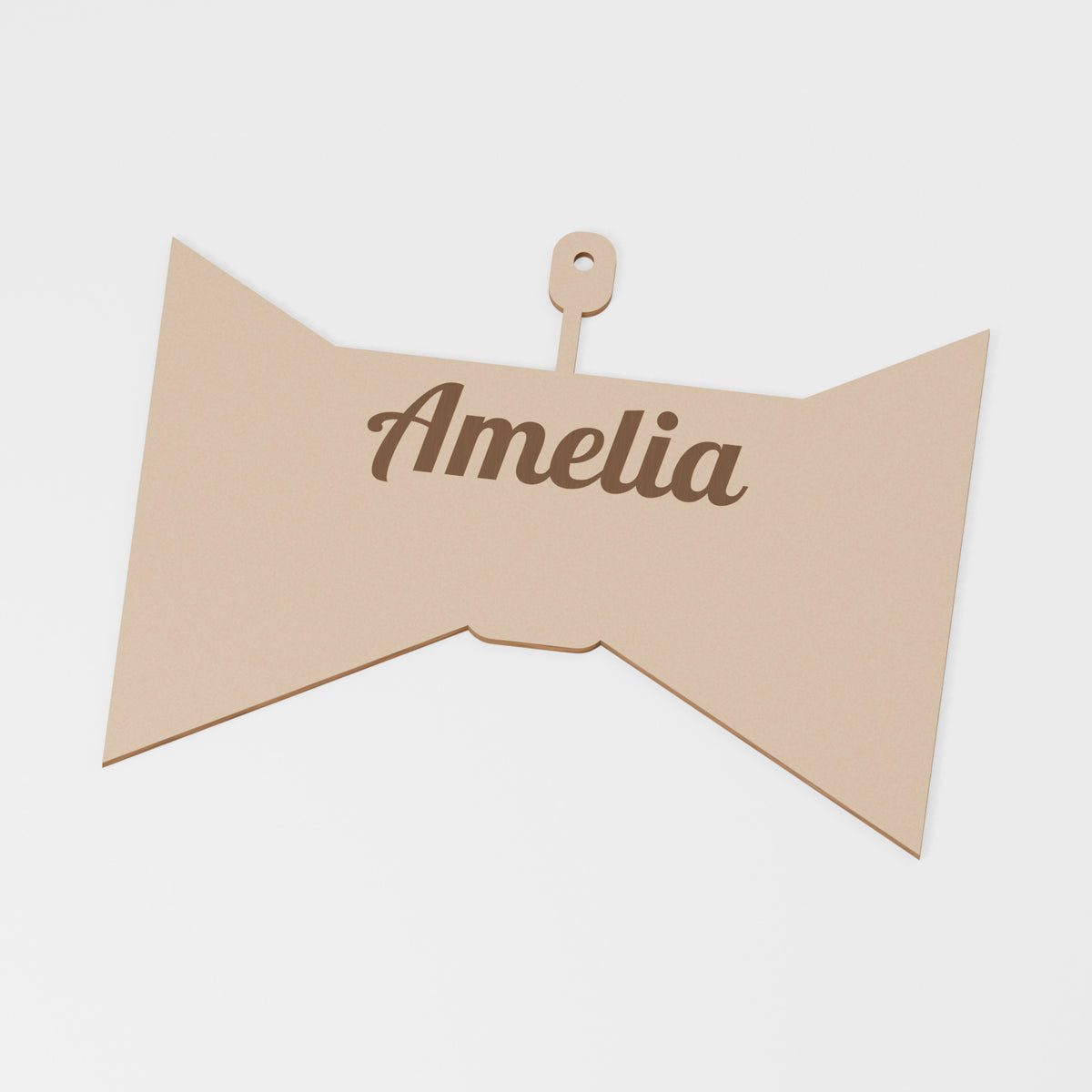 Bow Hanging Decoration — original 888 Cutout design in unfinished MDF; studio product visualisation