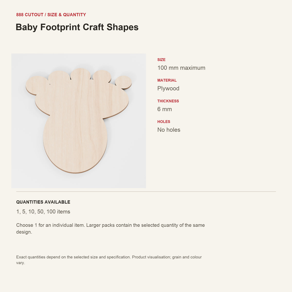 888 guide — Baby Footprint Craft Shapes — example size, material and available quantities