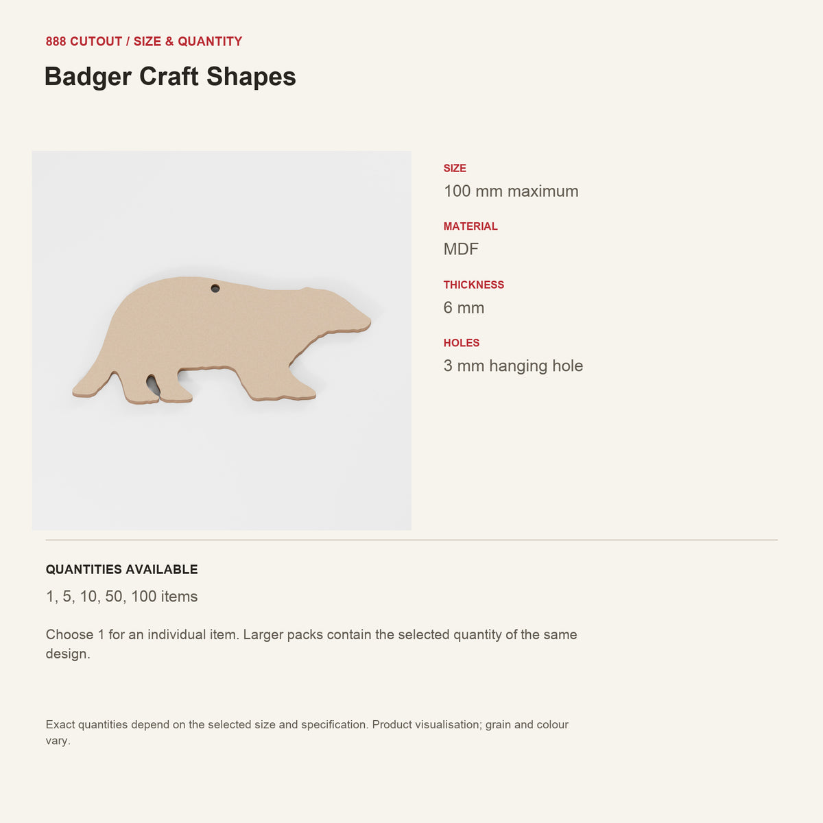 888 guide — Badger Craft Shapes — example size, material and available quantities