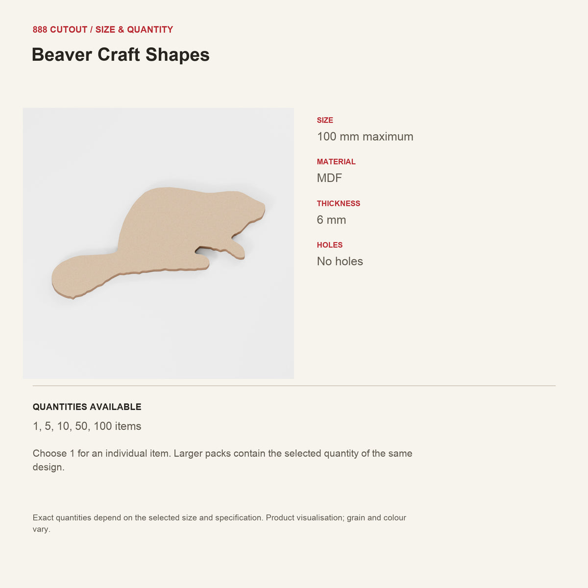 888 guide — Beaver Craft Shapes — example size, material and available quantities