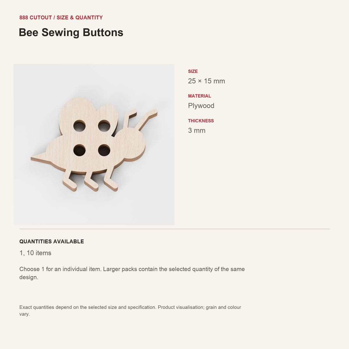 888 guide — Bee Sewing Buttons — example size, material and available quantities