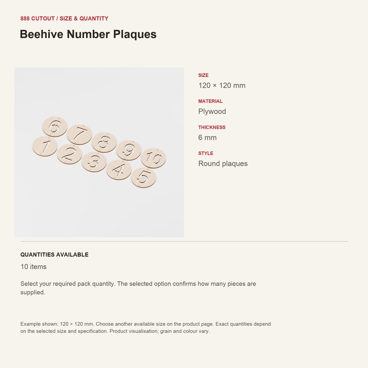 888 guide — Beehive Number Plaques — example size, material and available quantities