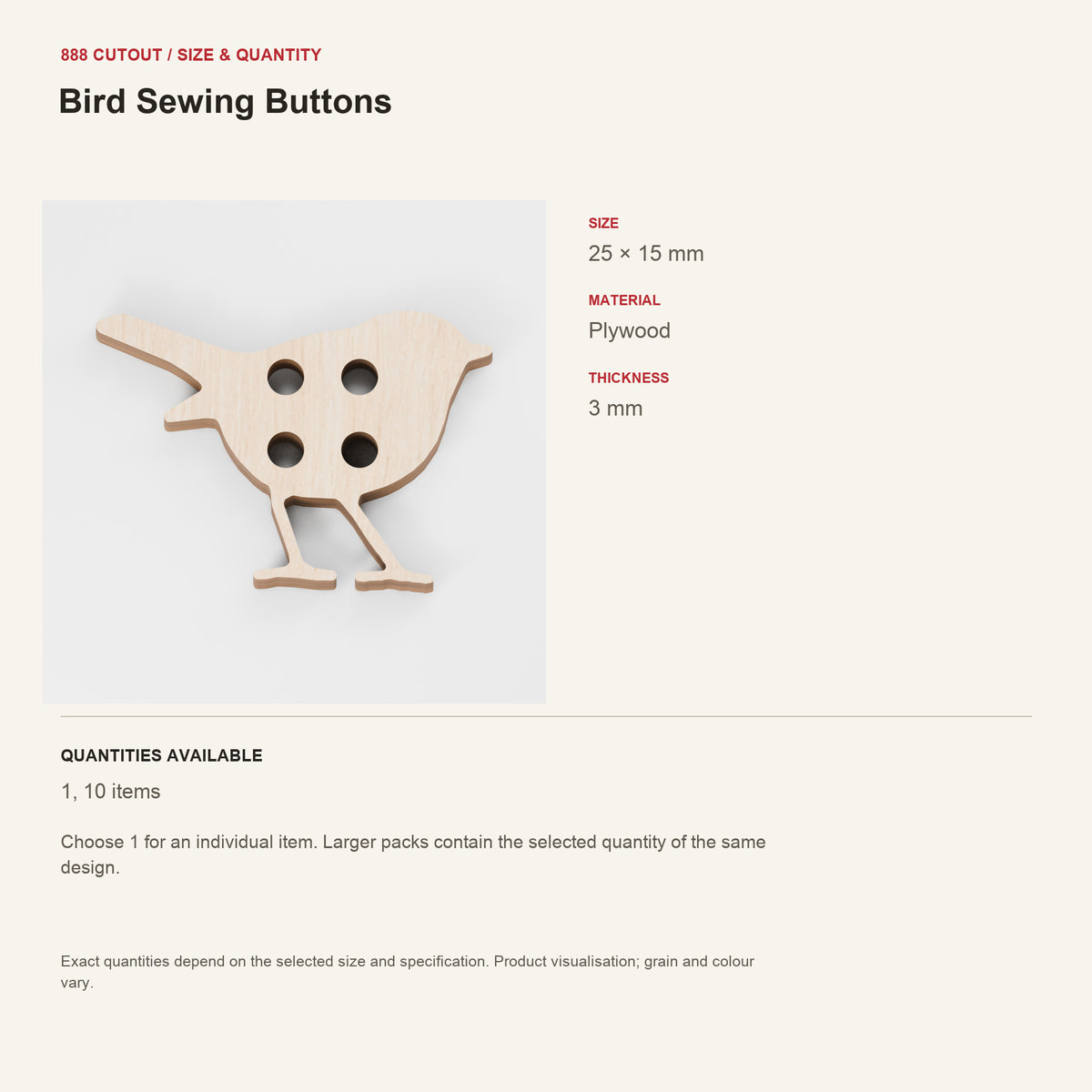 888 guide — Bird Sewing Buttons — example size, material and available quantities
