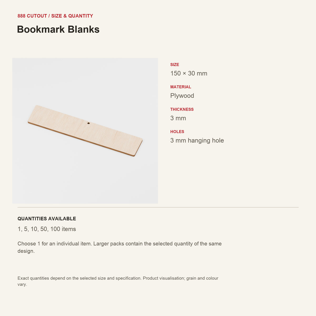 888 guide — Bookmark Blanks — example size, material and available quantities