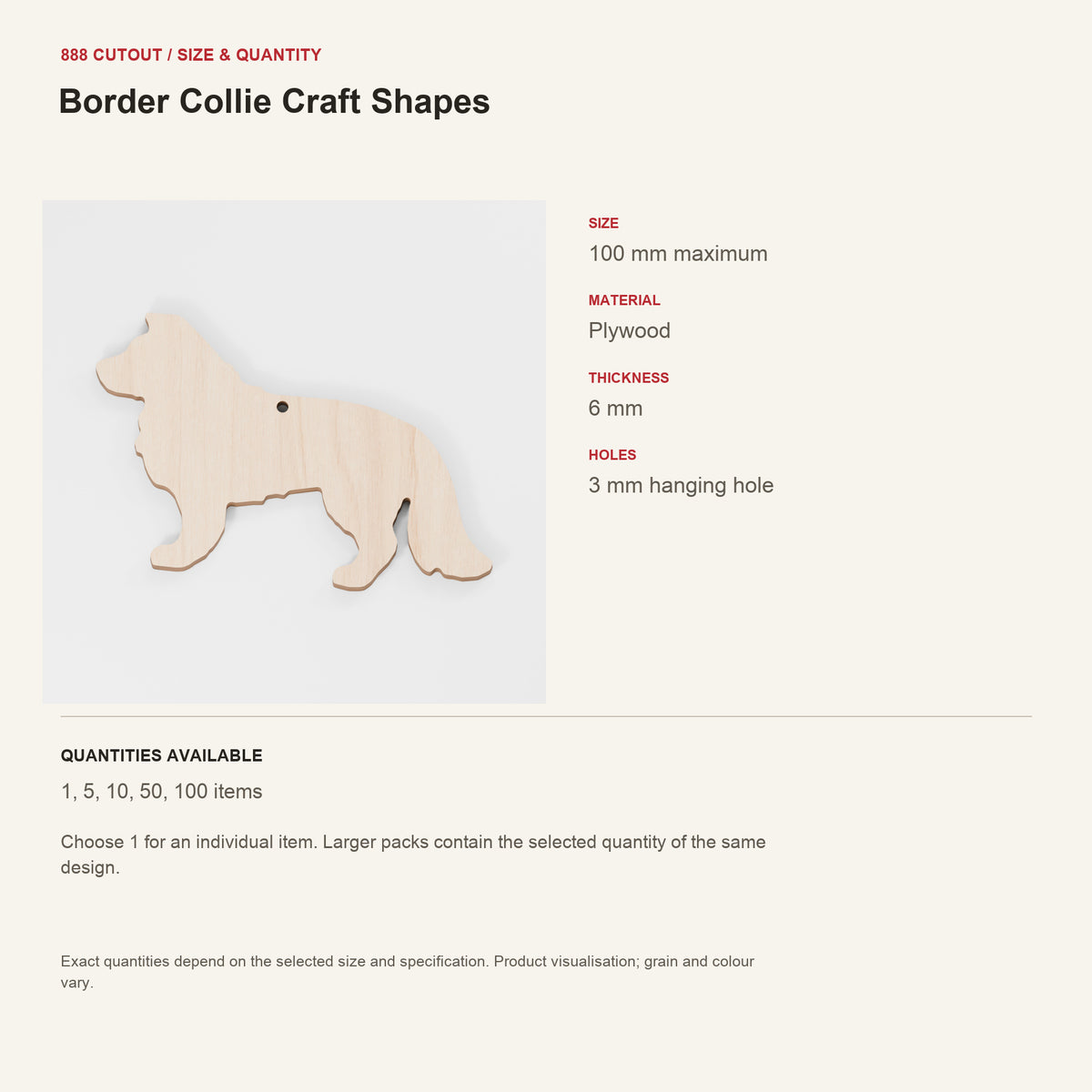 888 guide — Border Collie Craft Shapes — example size, material and available quantities