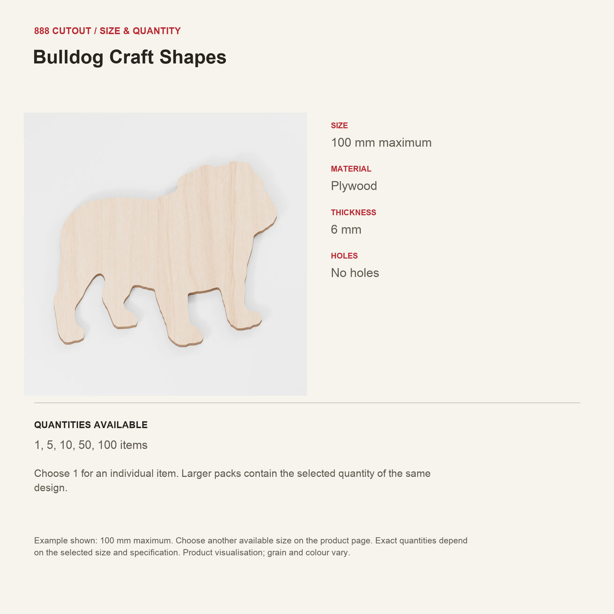 888 guide — Bulldog Craft Shapes — example size, material and available quantities