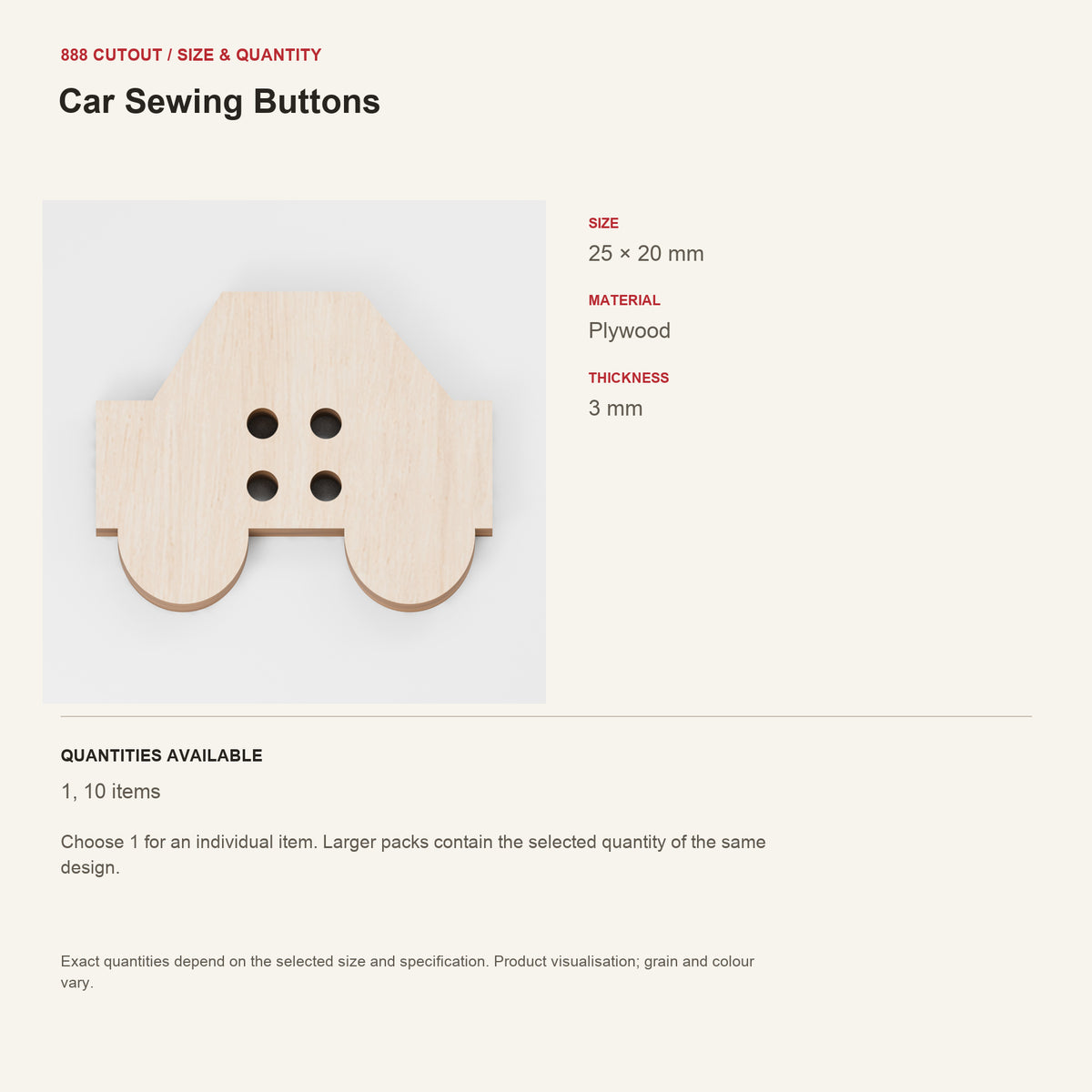 888 guide — Car Sewing Buttons — example size, material and available quantities