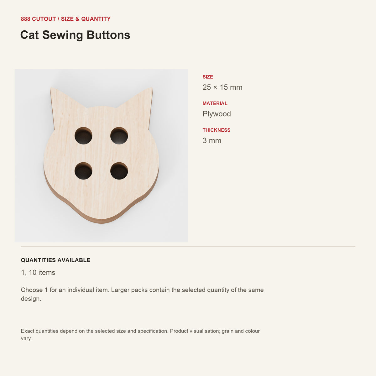 888 guide — Cat Sewing Buttons — example size, material and available quantities