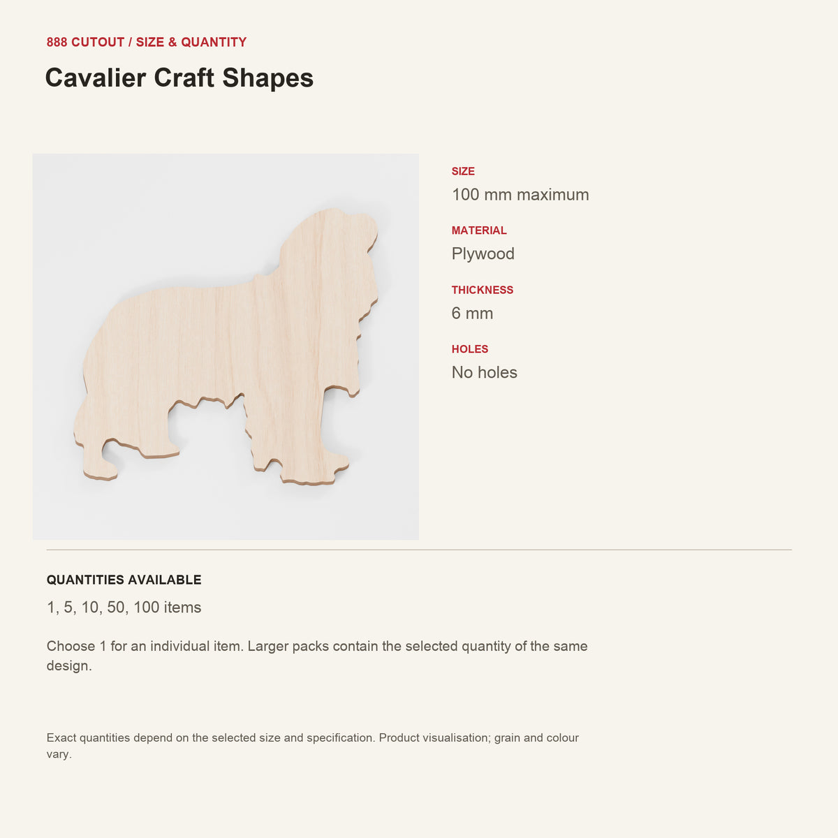 888 guide — Cavalier Craft Shapes — example size, material and available quantities