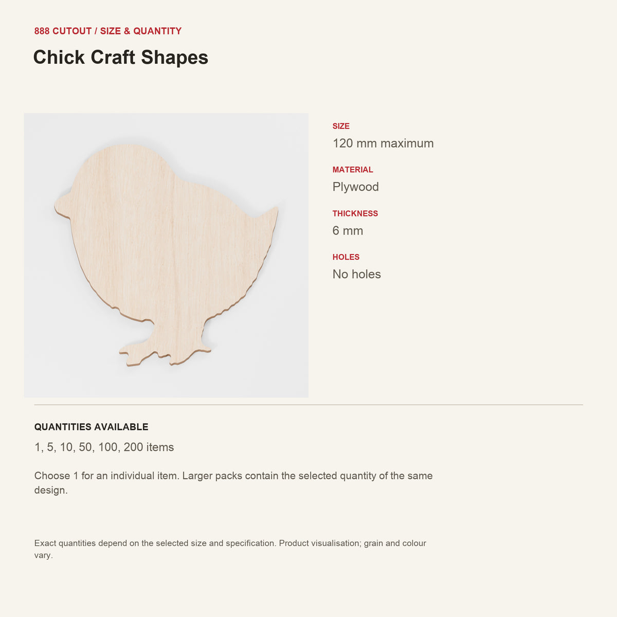 888 guide — Chick Craft Shapes — example size, material and available quantities