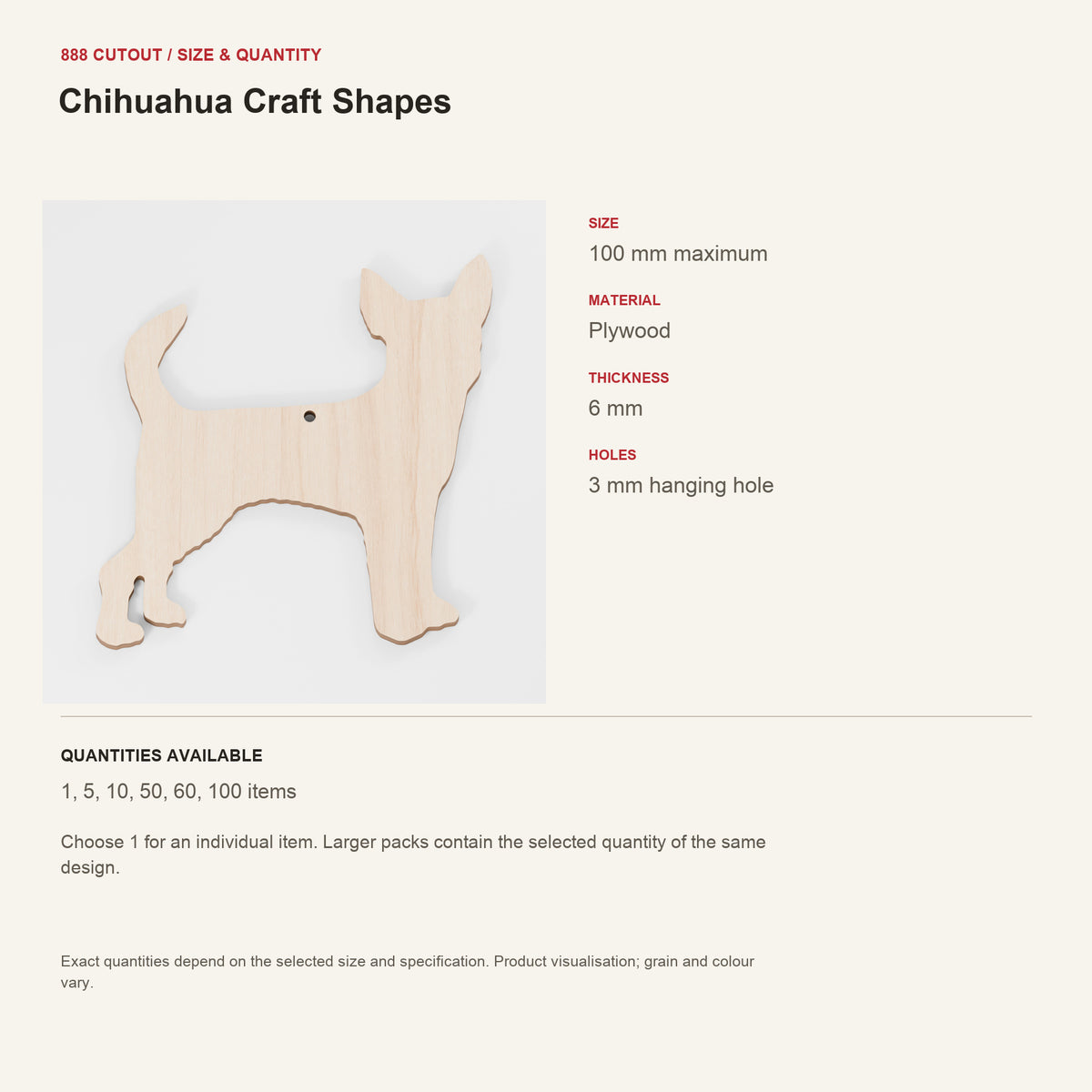 888 guide — Chihuahua Craft Shapes — example size, material and available quantities