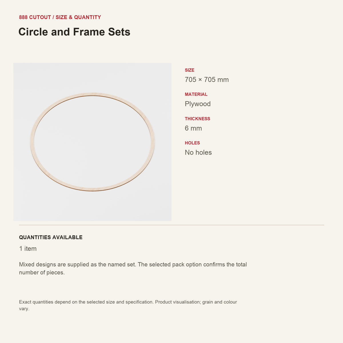 888 guide — Circle and Frame Sets — example size, material and available quantities
