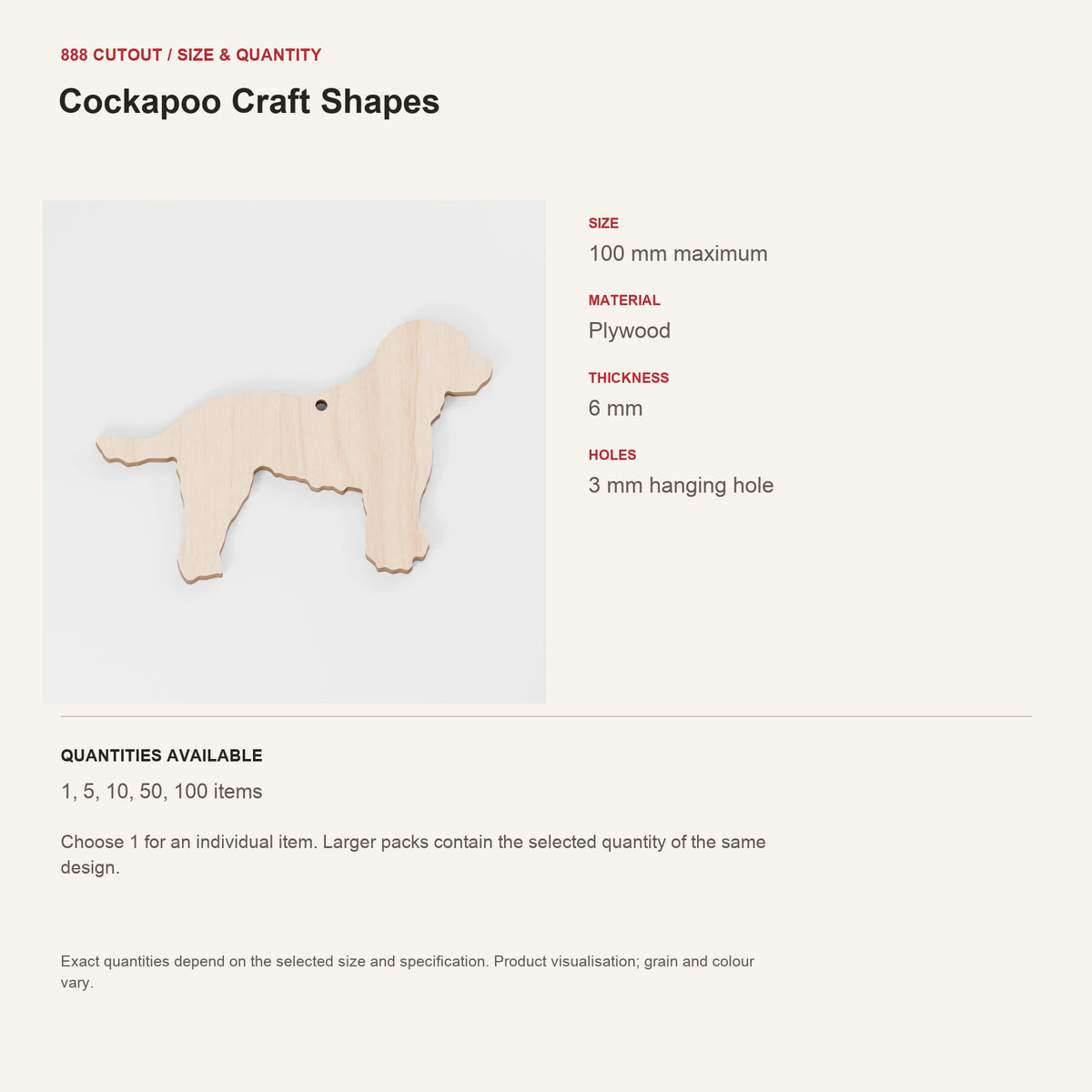 888 guide — Cockapoo Craft Shapes — example size, material and available quantities