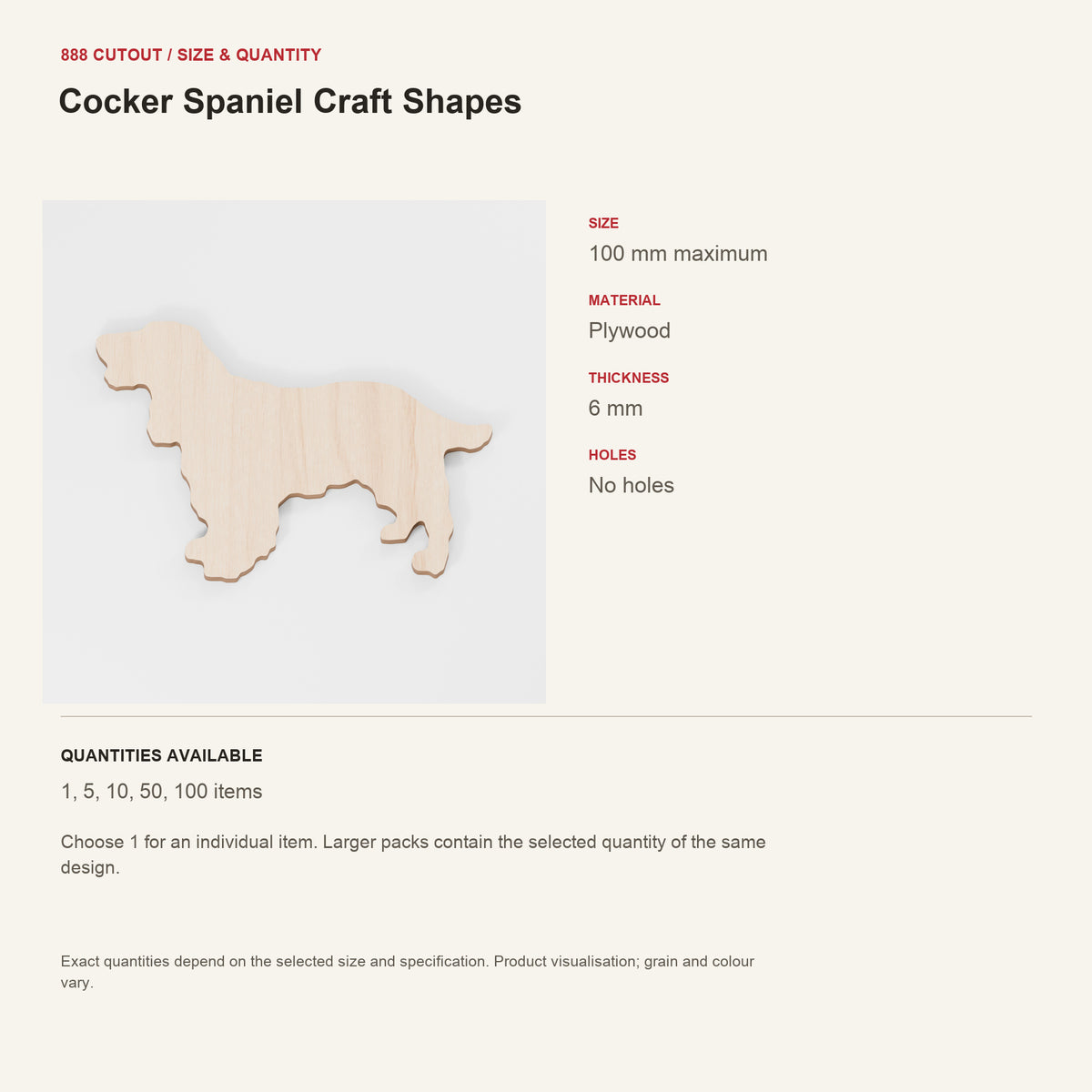 888 guide — Cocker Spaniel Craft Shapes — example size, material and available quantities