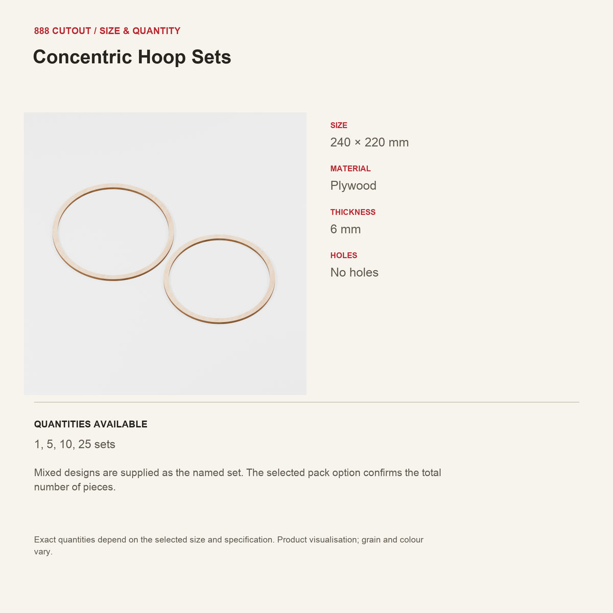 888 guide — Concentric Hoop Sets — example size, material and available quantities