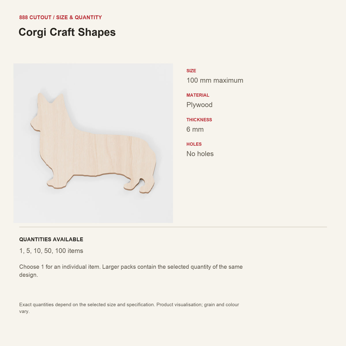 888 guide — Corgi Craft Shapes — example size, material and available quantities