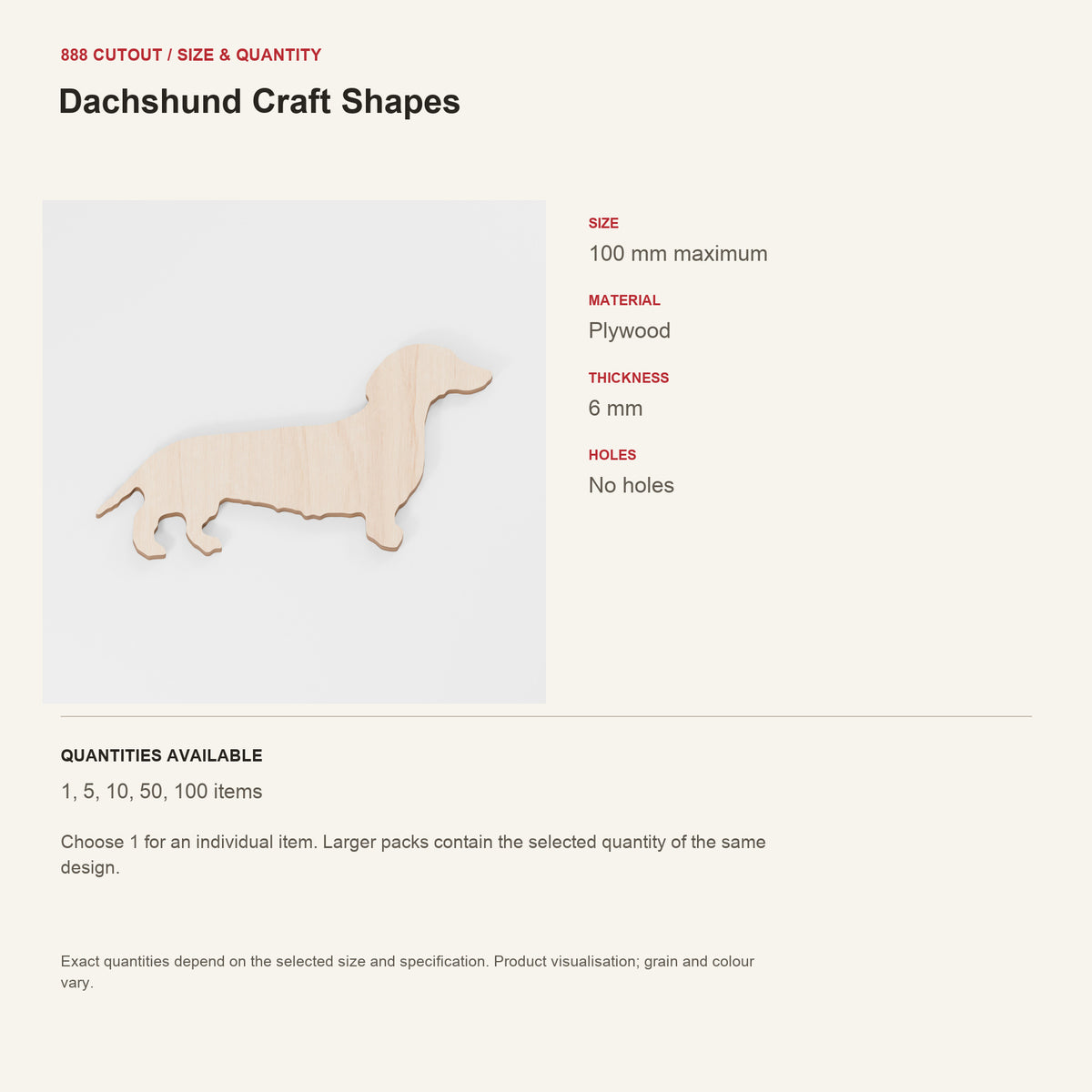 888 guide — Dachshund Craft Shapes — example size, material and available quantities
