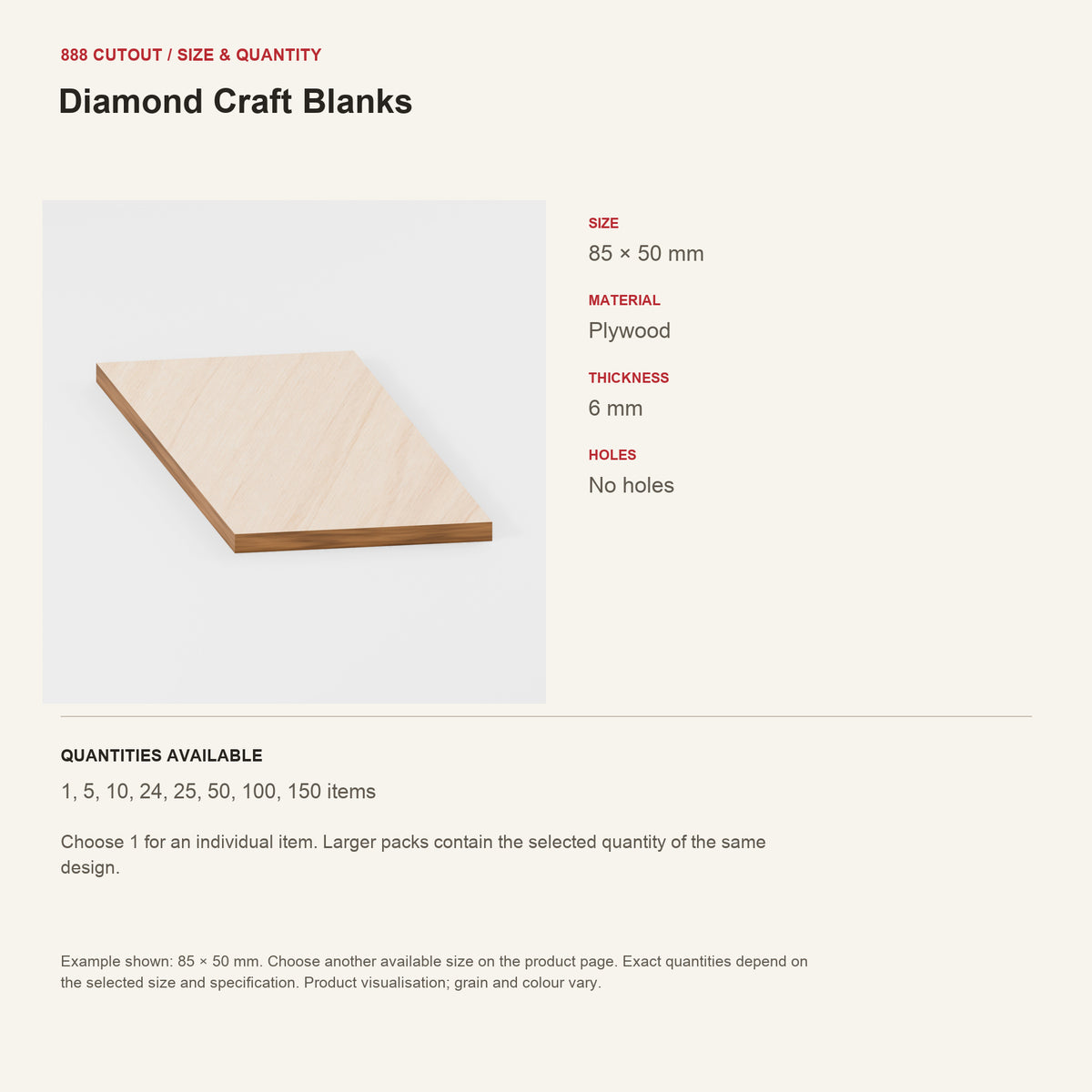 888 guide — Diamond Craft Blanks — example size, material and available quantities