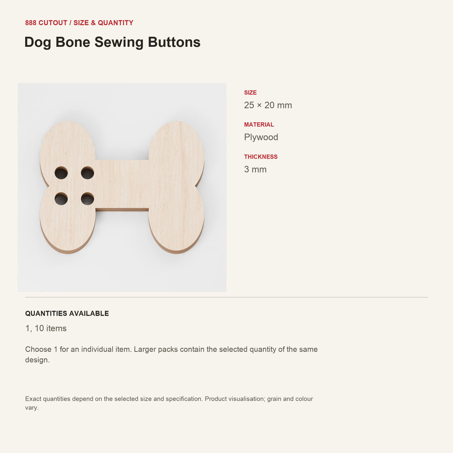 888 guide — Dog Bone Sewing Buttons — example size, material and available quantities