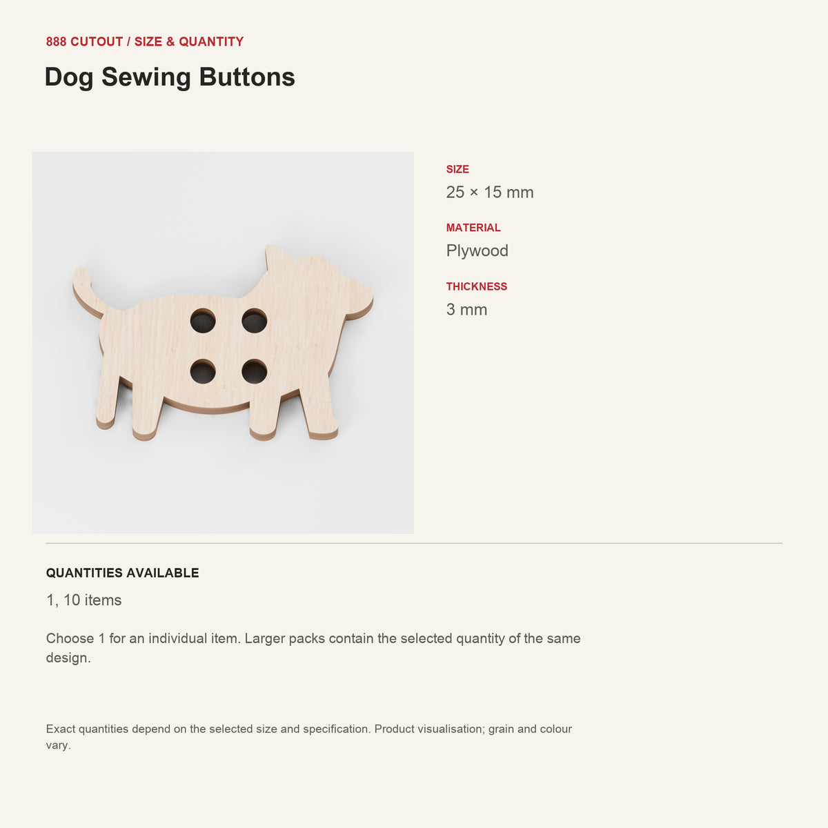 888 guide — Dog Sewing Buttons — example size, material and available quantities