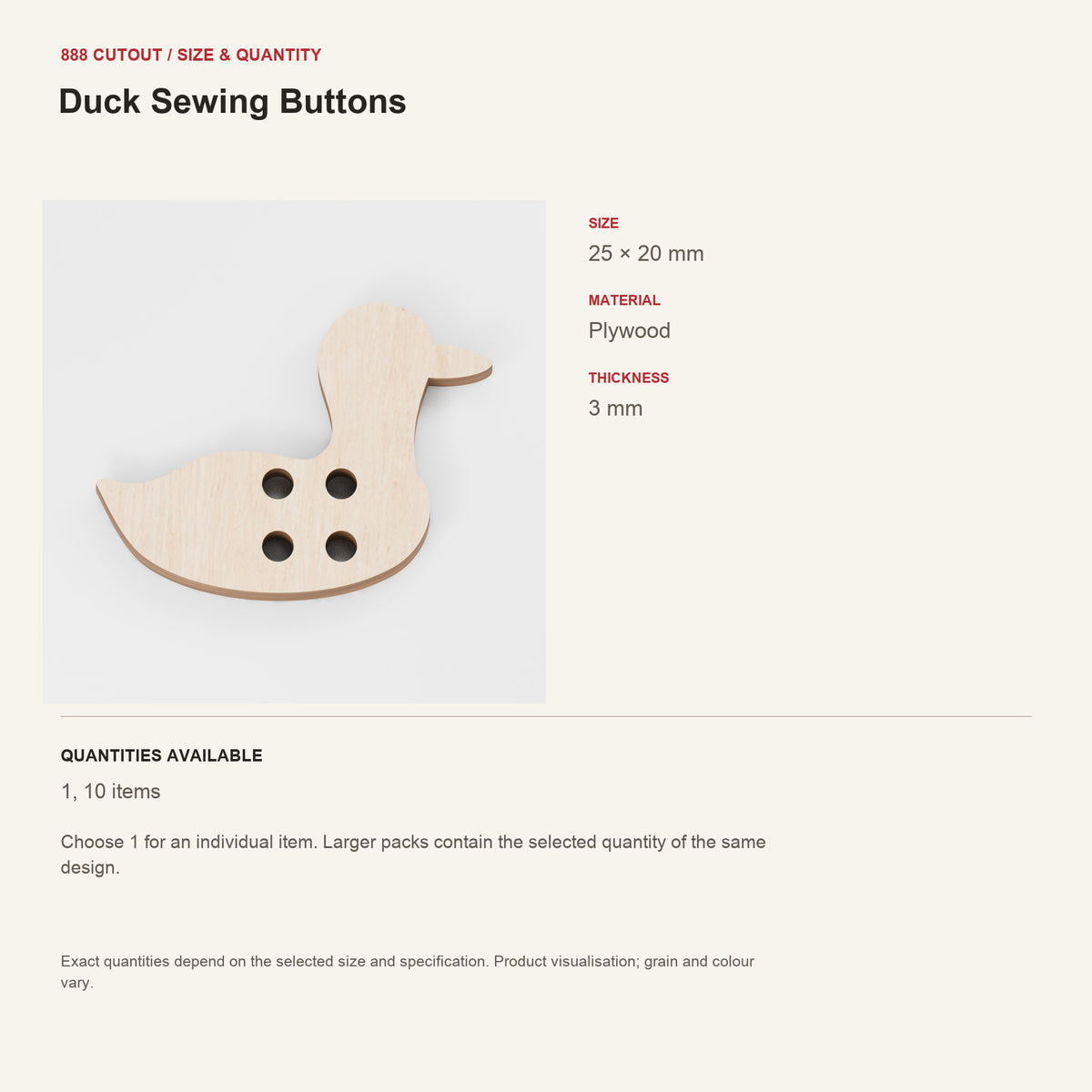 888 guide — Duck Sewing Buttons — example size, material and available quantities