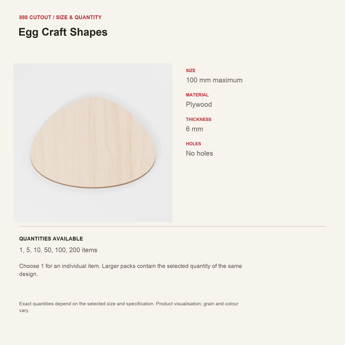 888 guide — Egg Craft Shapes — example size, material and available quantities