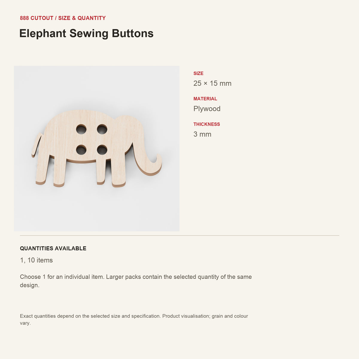 888 guide — Elephant Sewing Buttons — example size, material and available quantities