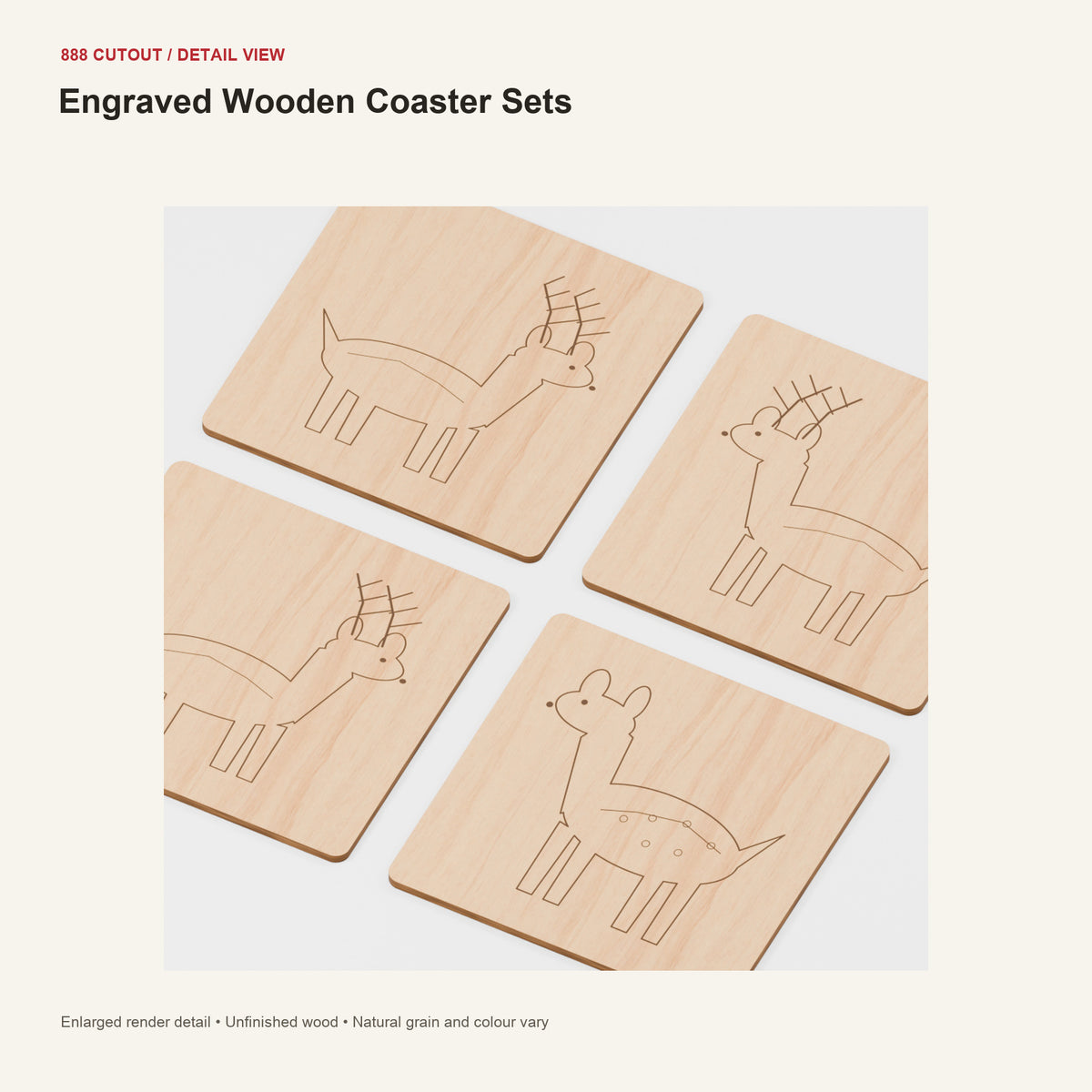888 detail — Engraved Wooden Coaster Sets — enlarged product visualisation