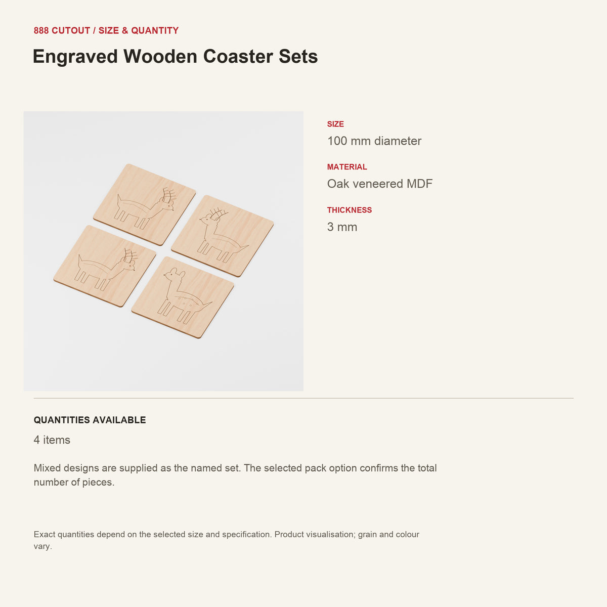 888 guide — Engraved Wooden Coaster Sets — example size, material and available quantities
