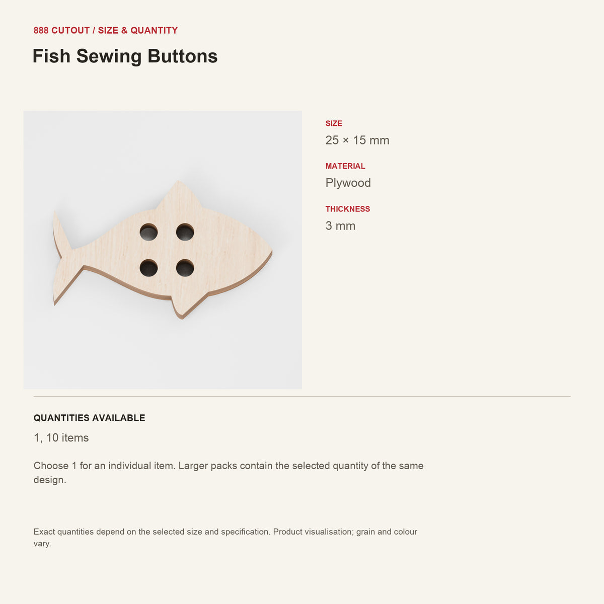 888 guide — Fish Sewing Buttons — example size, material and available quantities