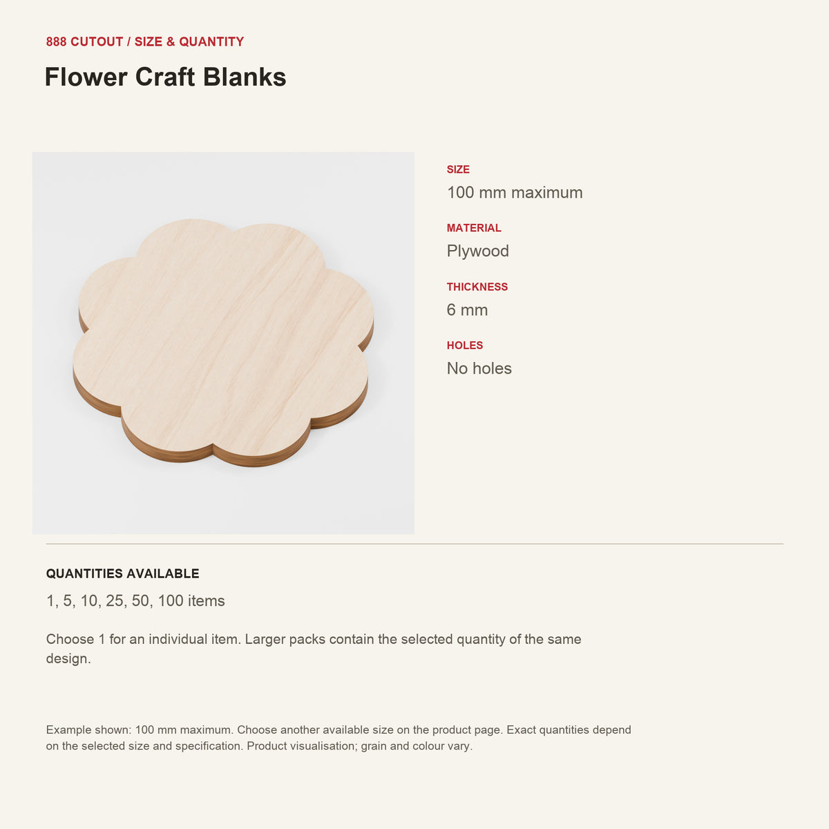 888 guide — Flower Craft Blanks — example size, material and available quantities