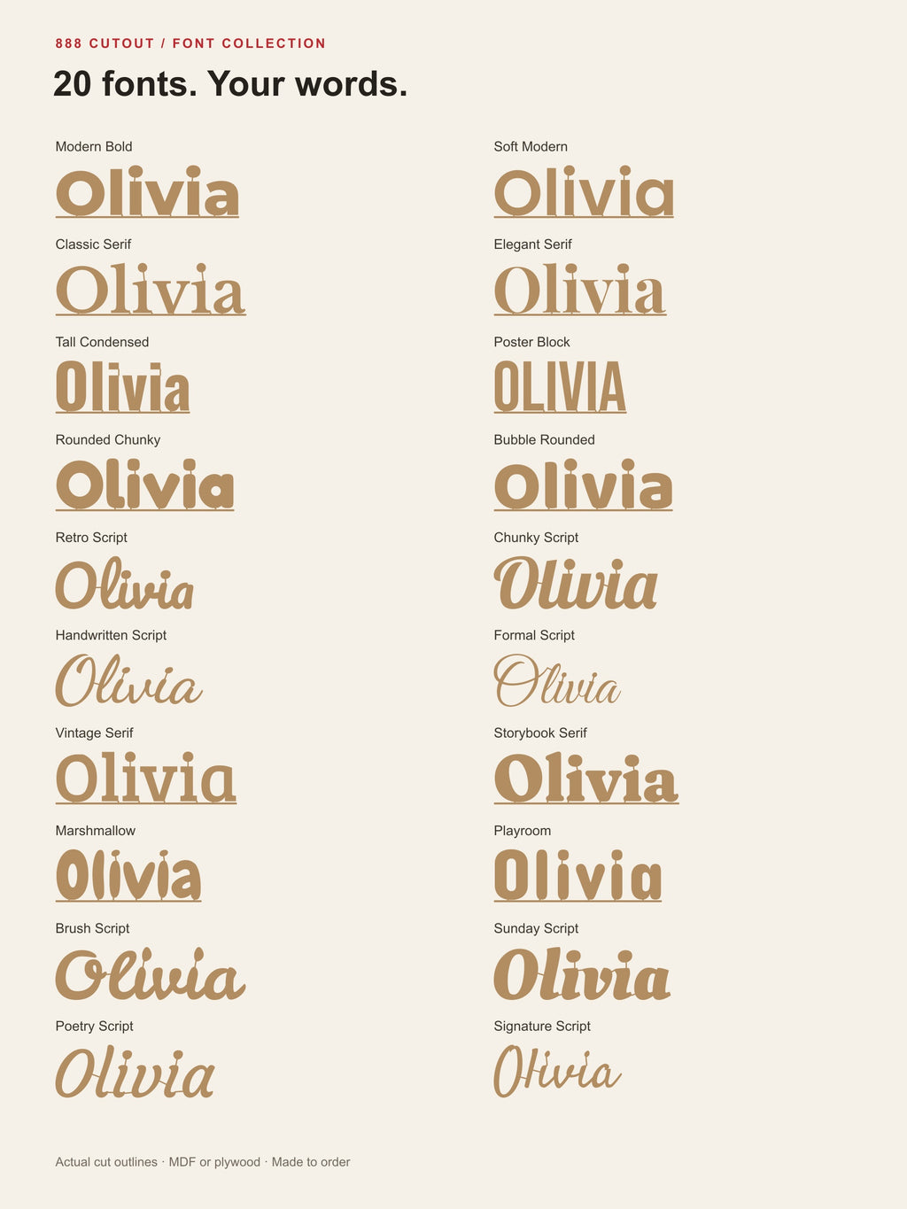 888 guide — all 20 fonts with names and actual connected word outlines