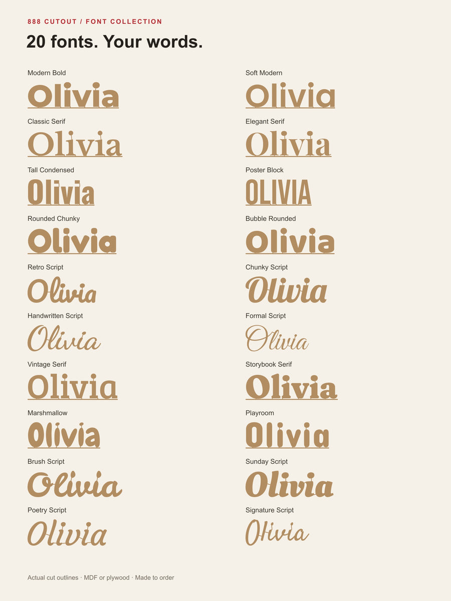 888 guide — all 20 fonts with names and actual connected word outlines