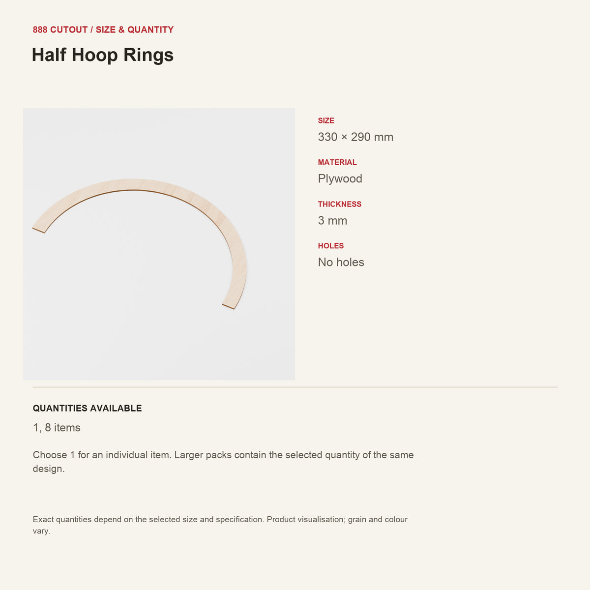 888 guide — Half Hoop Rings — example size, material and available quantities