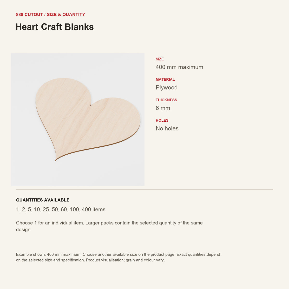 888 guide — Heart Craft Blanks — example size, material and available quantities