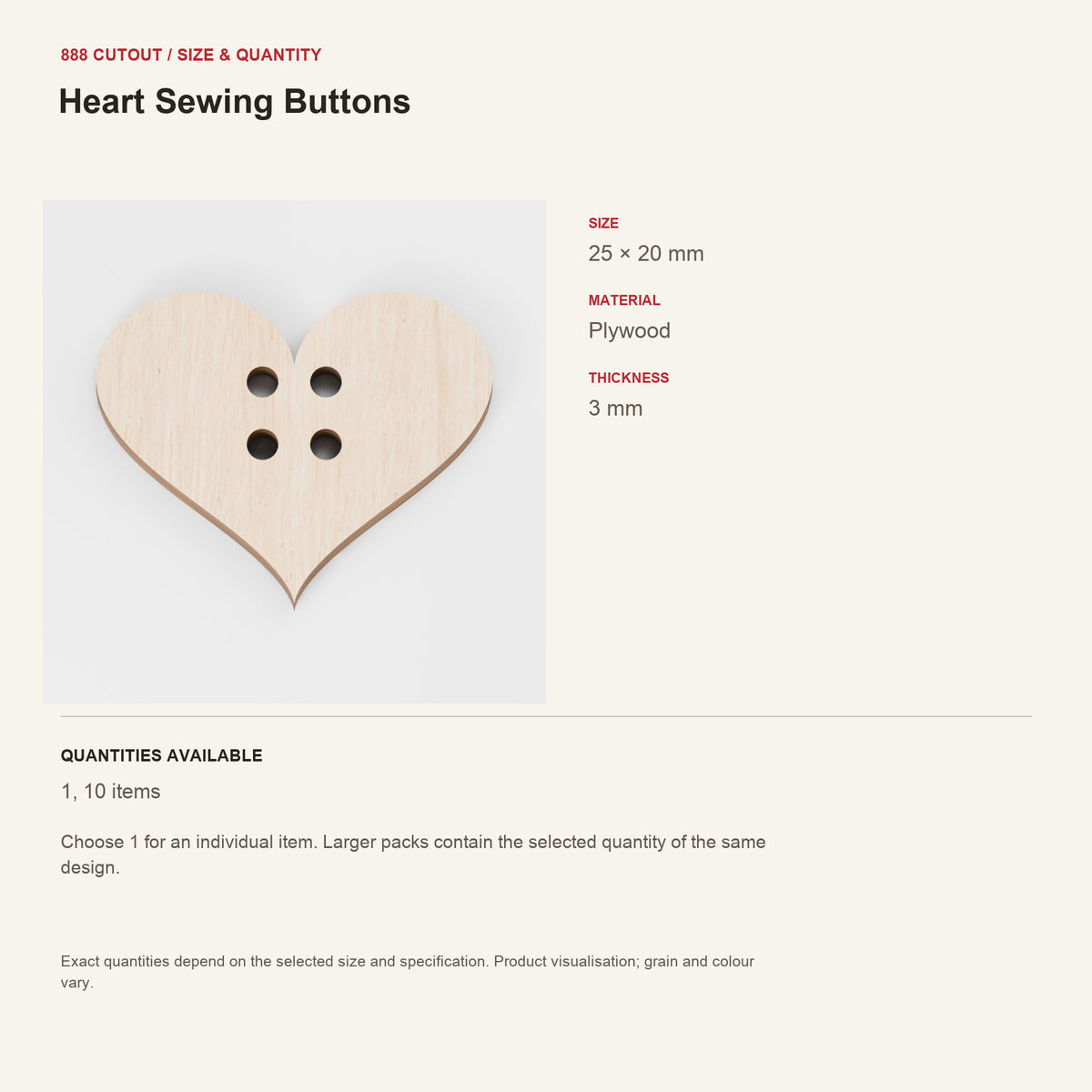 888 guide — Heart Sewing Buttons — example size, material and available quantities