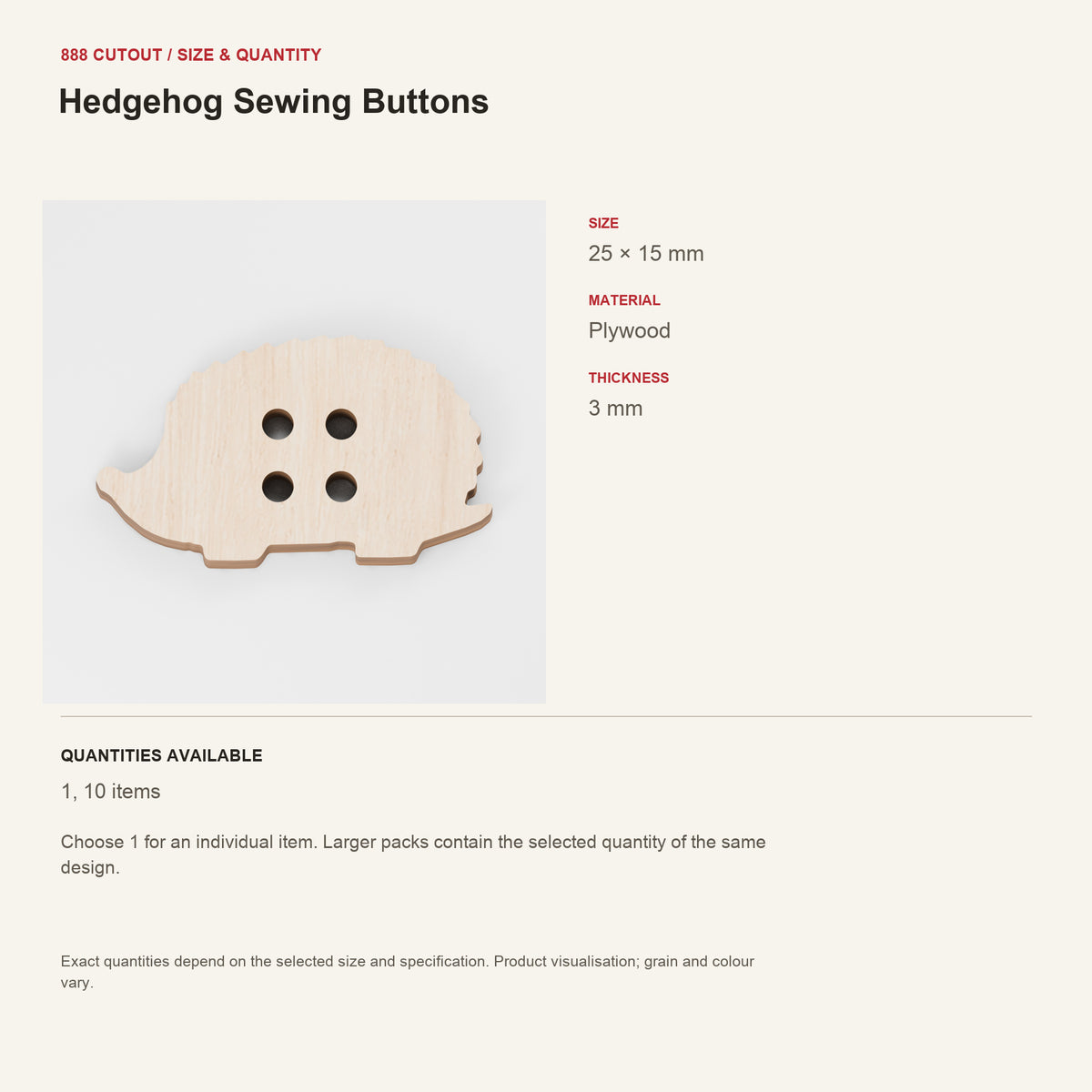 888 guide — Hedgehog Sewing Buttons — example size, material and available quantities