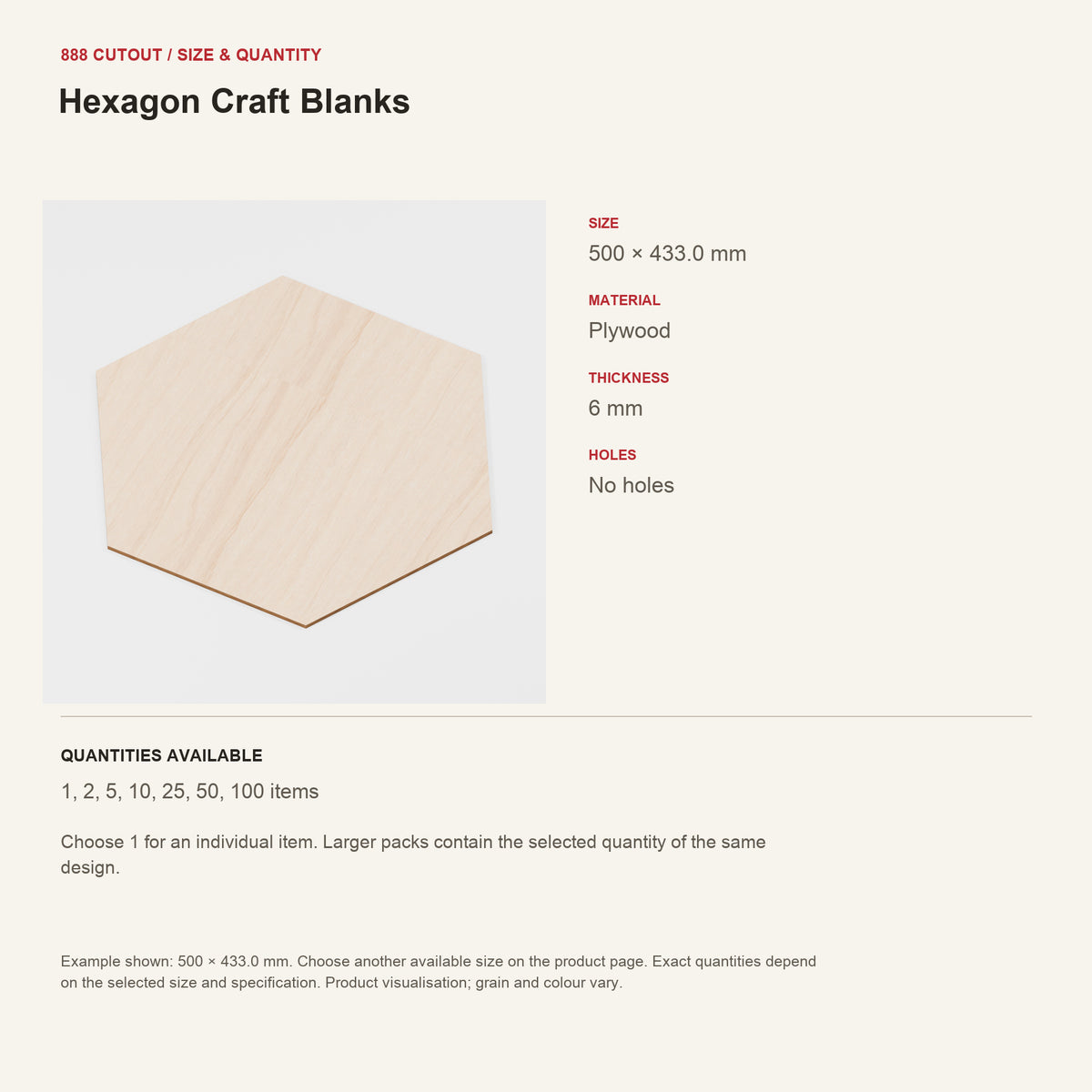 888 guide — Hexagon Craft Blanks — example size, material and available quantities