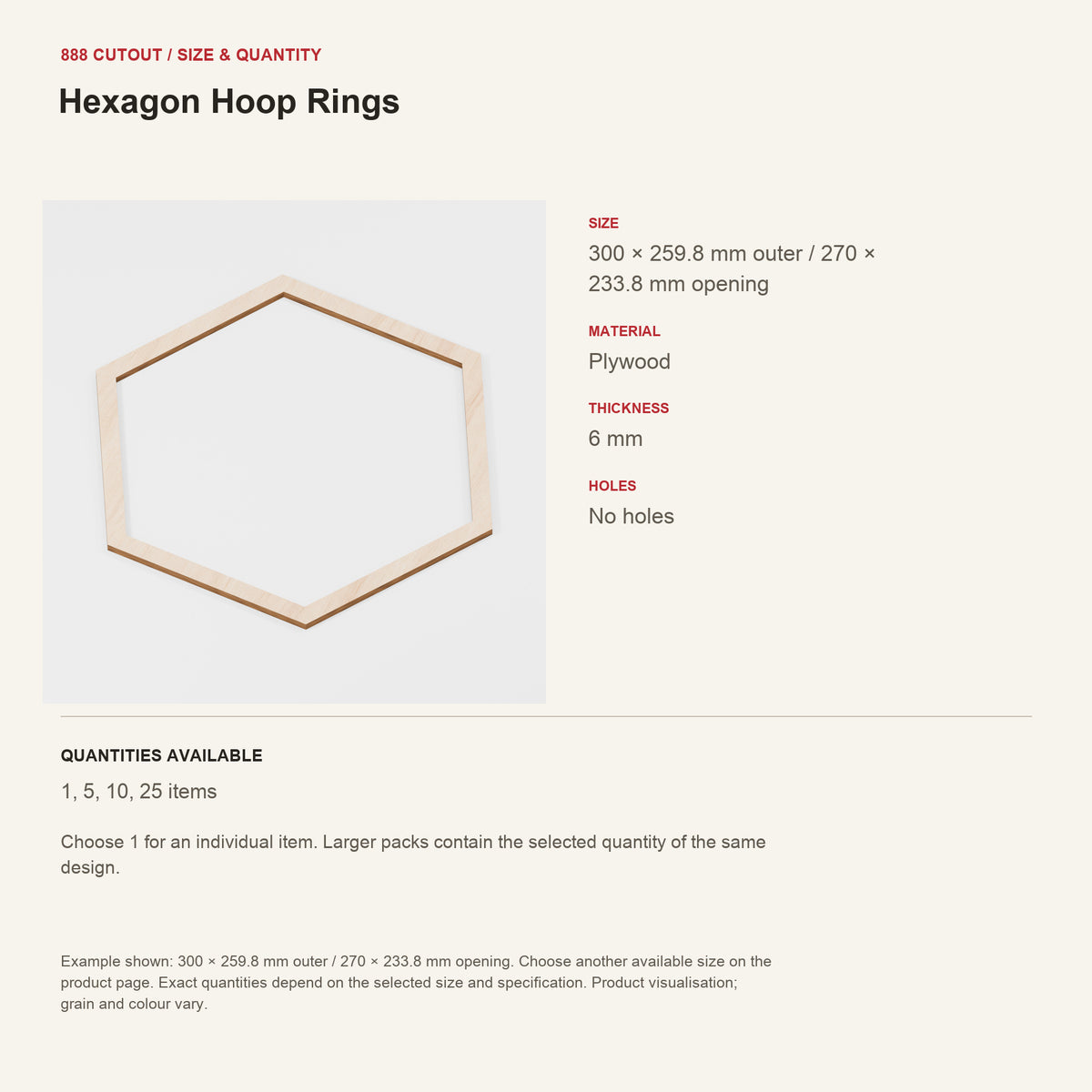888 guide — Hexagon Hoop Rings — example size, material and available quantities