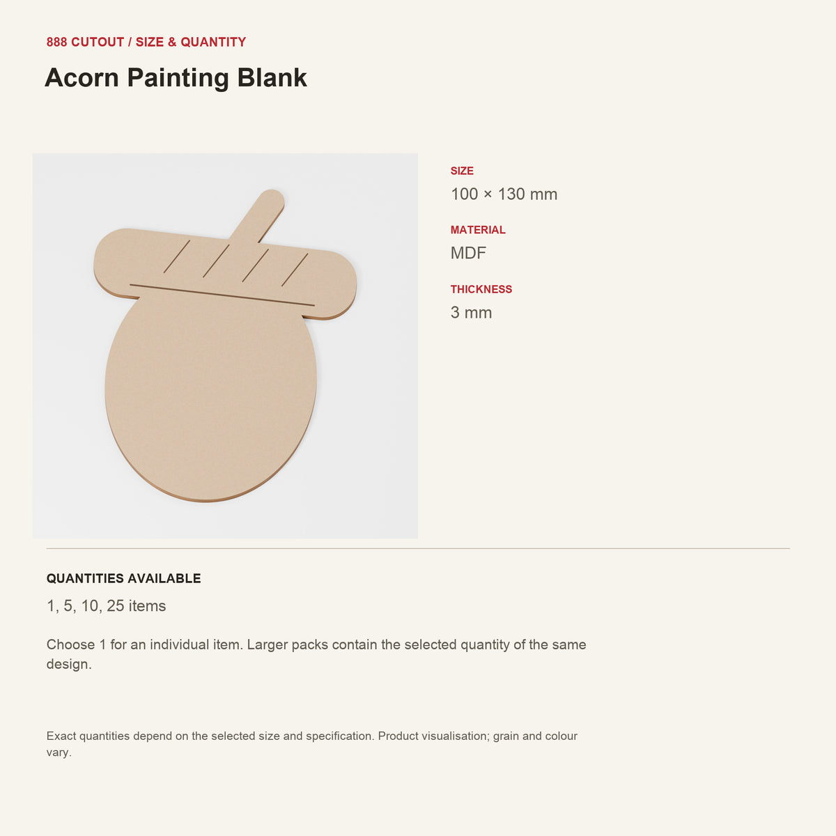 888 guide — Acorn Painting Blank — example size, material and available quantities