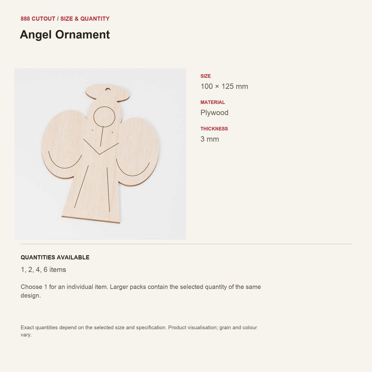 888 guide — Angel Ornament — example size, material and available quantities