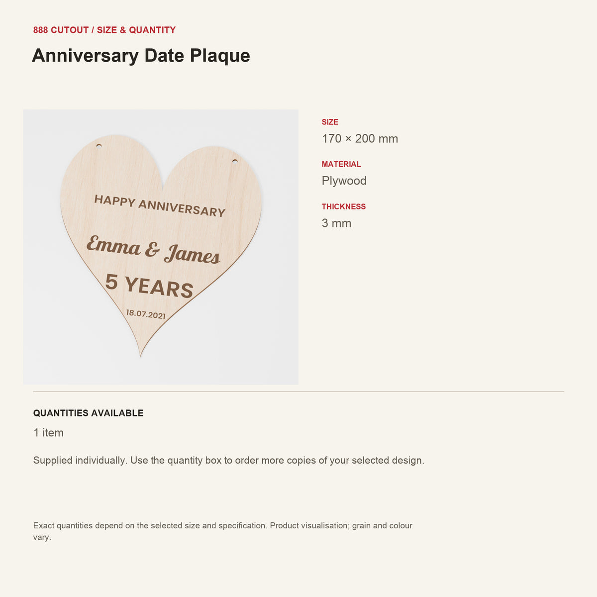 888 guide — Anniversary Date Plaque — example size, material and available quantities