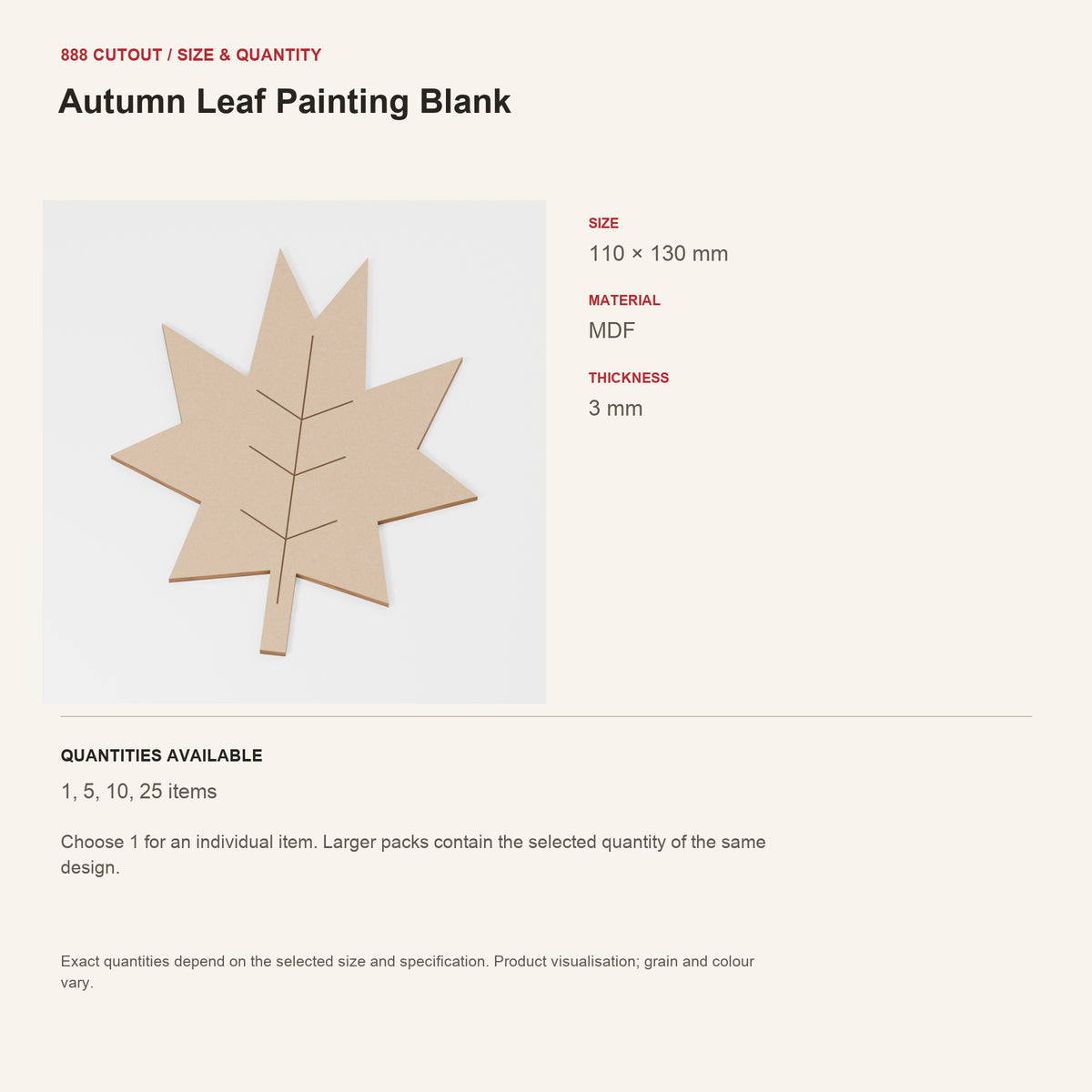 888 guide — Autumn Leaf Painting Blank — example size, material and available quantities