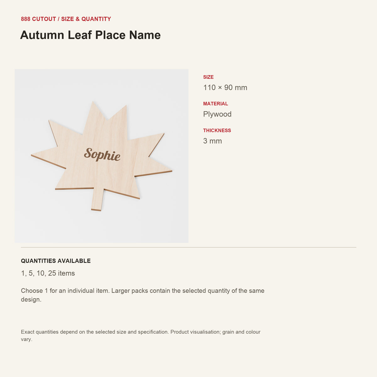 888 guide — Autumn Leaf Place Name — example size, material and available quantities