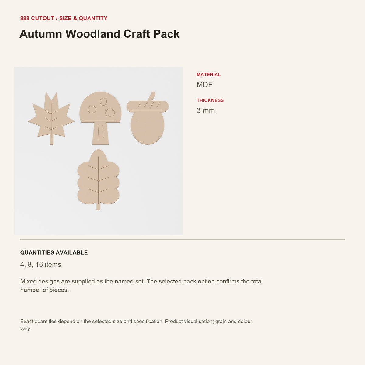 888 guide — Autumn Woodland Craft Pack — example size, material and available quantities