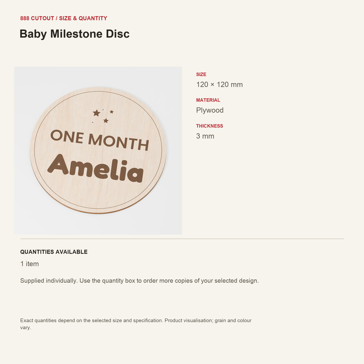 888 guide — Baby Milestone Disc — example size, material and available quantities